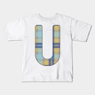 Monogram Letter U, Blue, Yellow and Grey Scottish Tartan Style Typography Design Kids T-Shirt